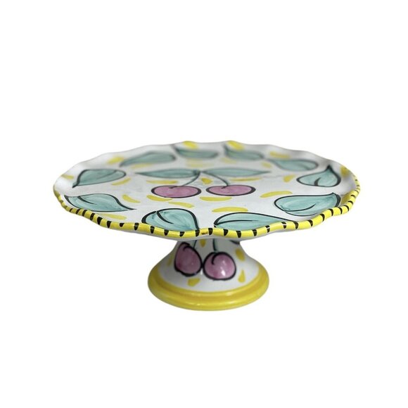 Hand Painted Ceramic Pedestal Cake Plate Cherries Floral Present Tense Italy - Picture 1 of 16